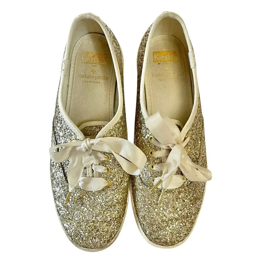 Kate Spade x Keds Champion Gold Glitter Womens Sneakers Trainers Shoes Size 6